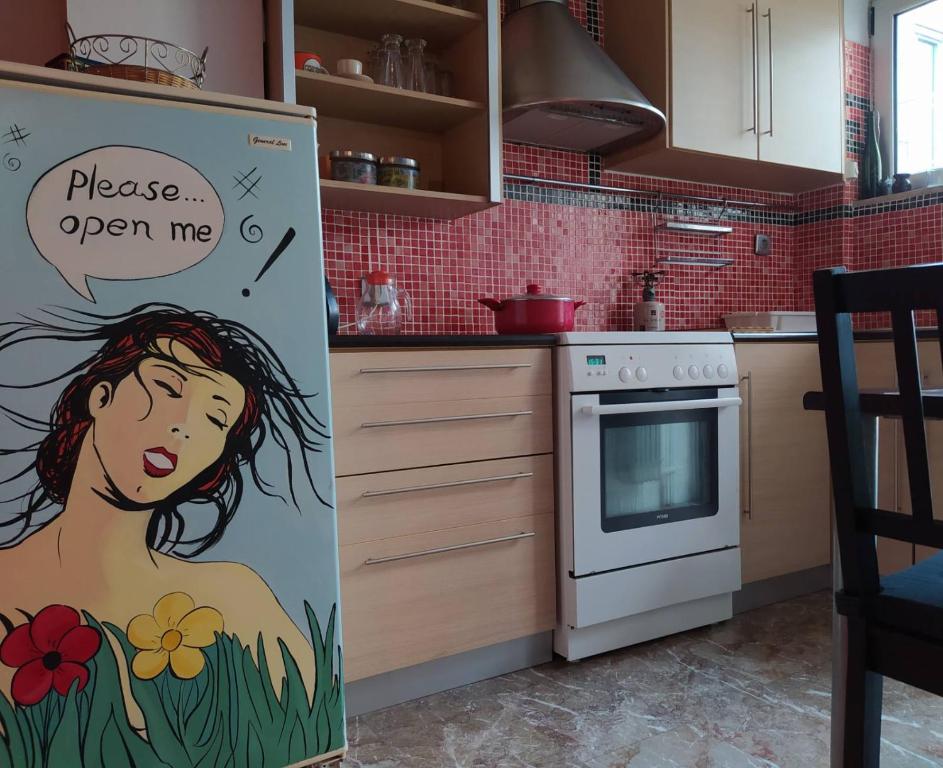 a kitchen with a refrigerator with a painting of a woman at Experience the sweetest nest at Marina Zea in Piraeus