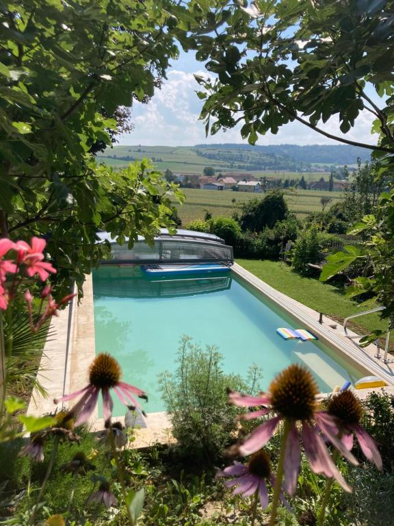 a swimming pool in a garden with flowers at Outstandingfree in Holzleiten