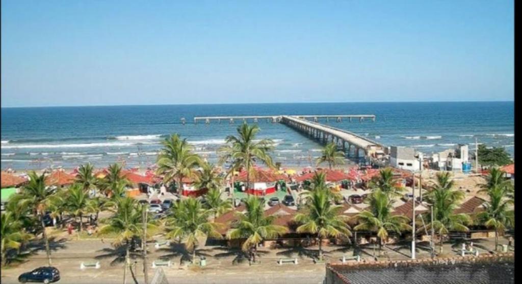 a view of a beach with palm trees and the ocean at Aconchegante casa para temporada in Mongaguá