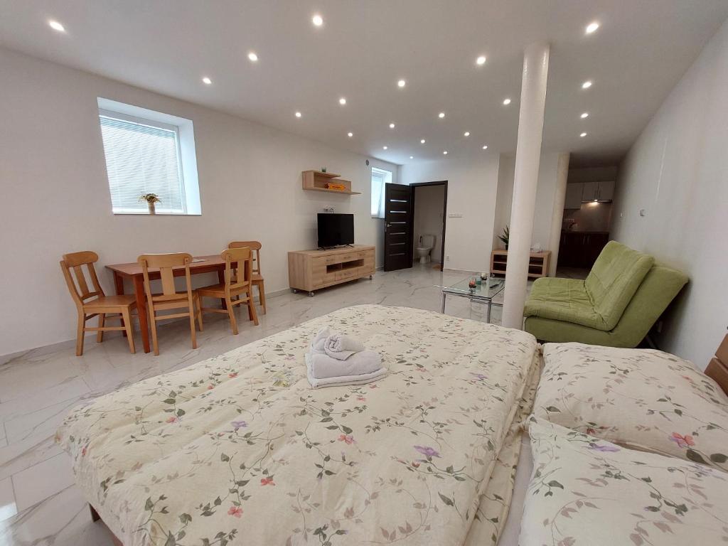 een slaapkamer met een bed en een tafel en stoelen bij Vehlovice Apartments in Mělník