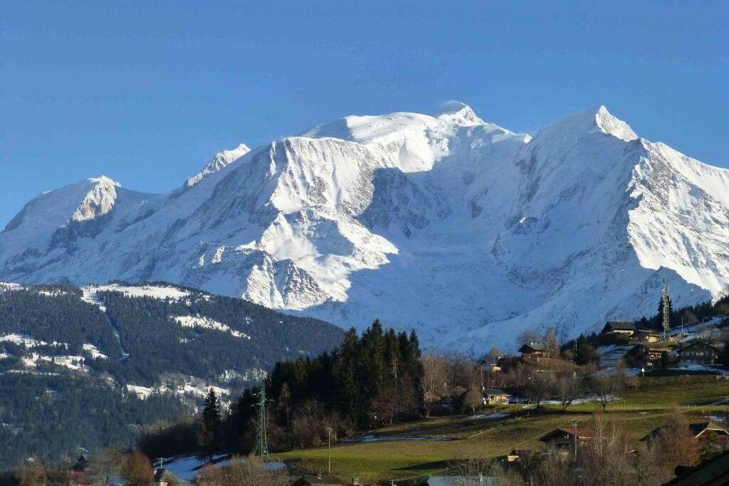 a snow covered mountain with a village in front at Le chalet de Julbert in Combloux