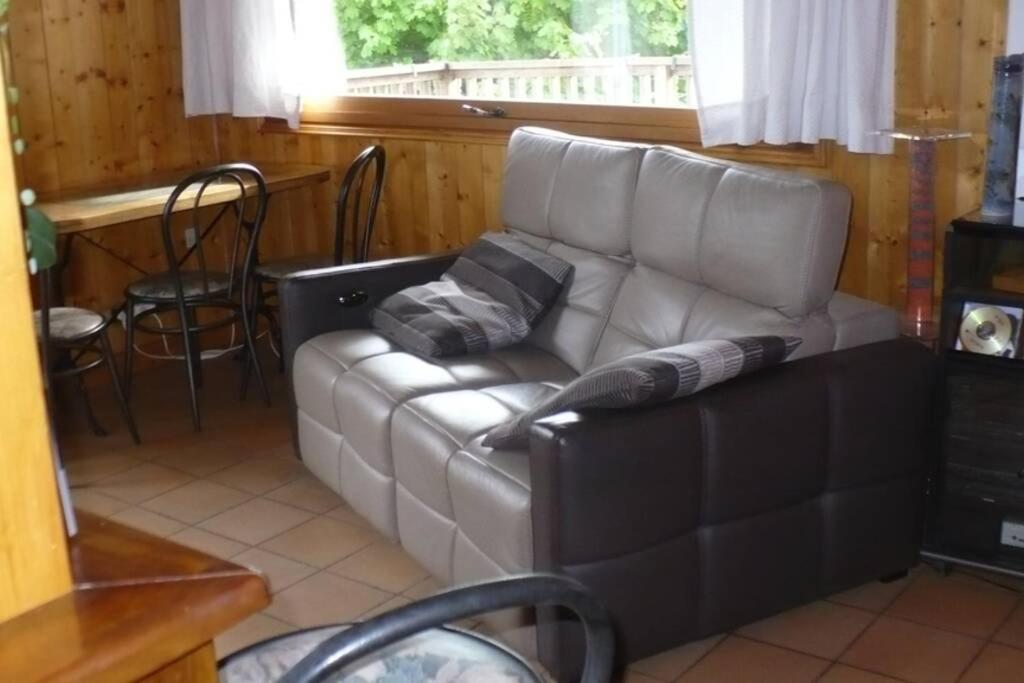 a leather couch in a living room with a window at Le chalet de Julbert in Combloux