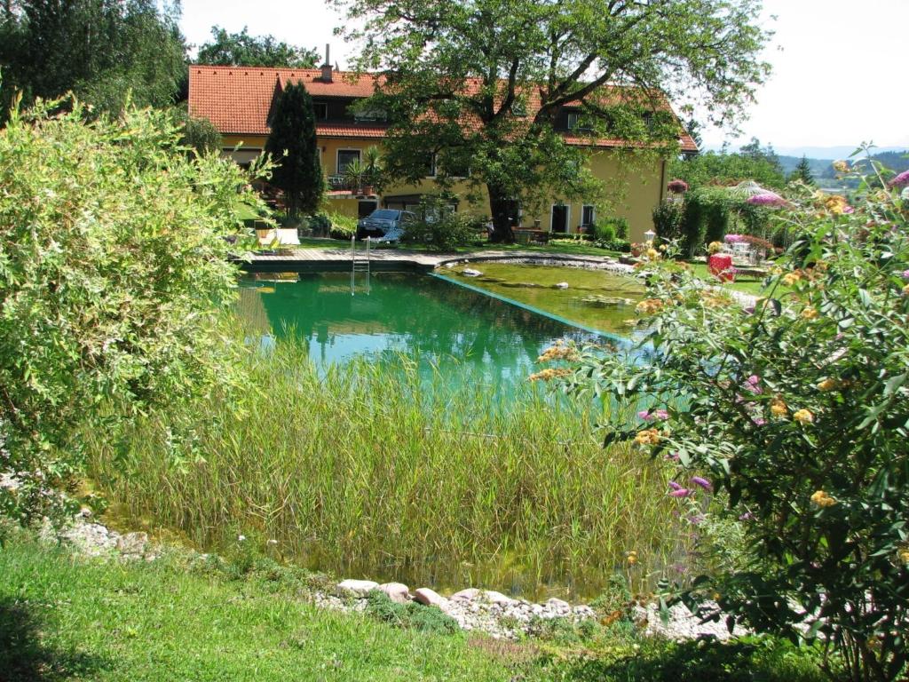 a pool of water in front of a house at Ferienwohnungen Kremsbrucker in Klagenfurt