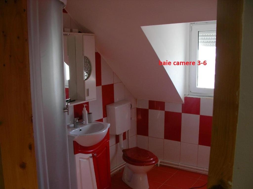 un bagno rosso e bianco con lavandino e servizi igienici di REB/MAR RomSpa a Brad
