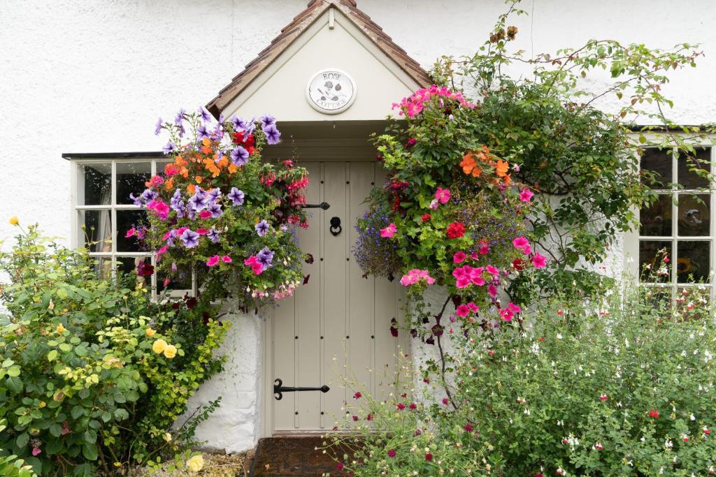 uma casa branca com flores à volta da porta em Rose Cottage em Evesham