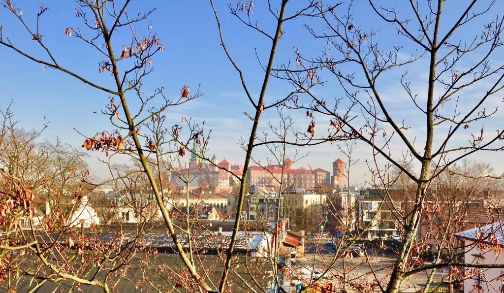 uma vista de uma cidade por trás de algumas árvores em Tresor Barska Apartments 2.0 em Cracóvia