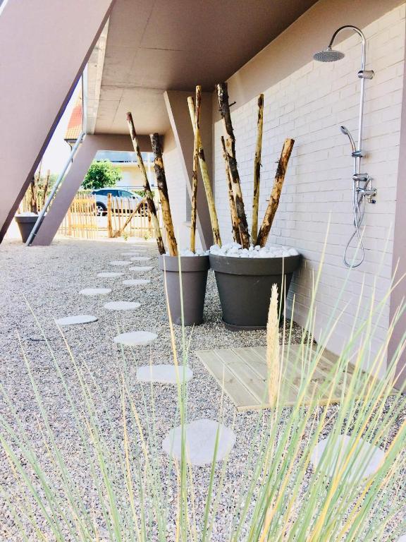 une cour avec deux plantes en pot et une douche dans l'établissement CÀLM, Cocon À La Mer, Blériot-Plage, à Sangatte