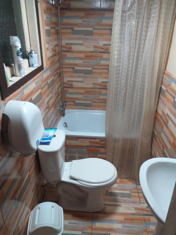 Un baño con inodoro, lavabo y bañera. en Refugio Insular, en Castro