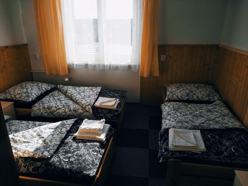 ŠkrdloviceにあるPenzion Vysočinaのベッド3台と窓が備わる客室です。