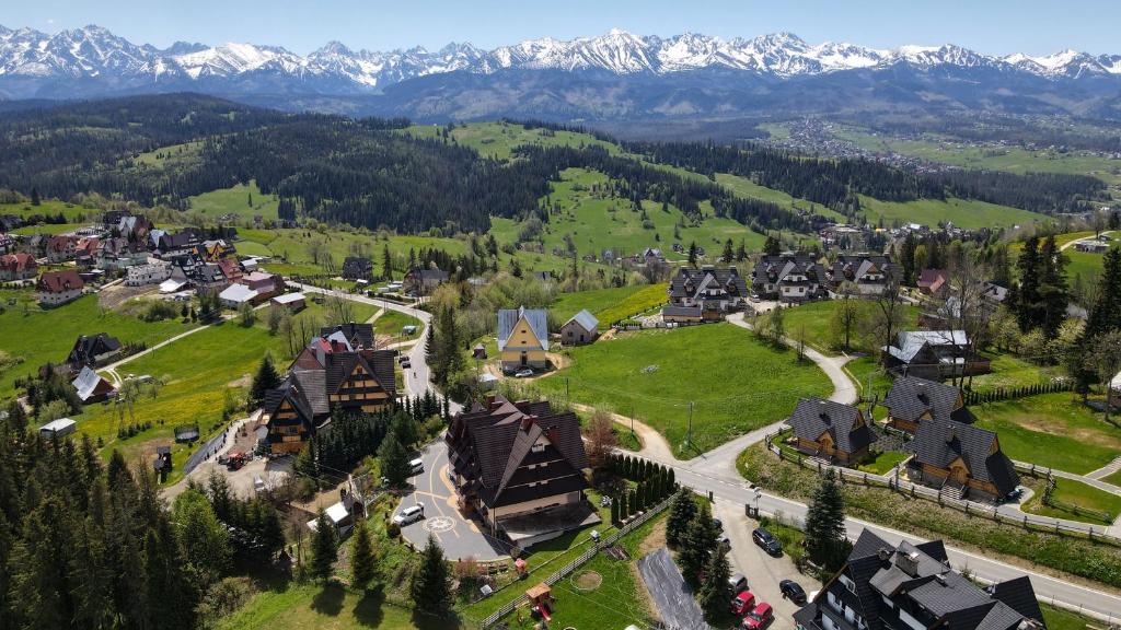an aerial view of a small village in the mountains at Willa Szarotka in Gliczarów