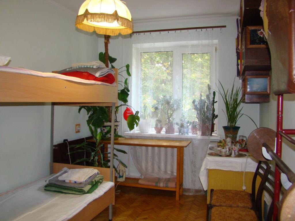 - une chambre avec 2 lits superposés et une fenêtre dans l'établissement Очень уютная, тихая, єко комната с видом на сад, à Vinnytsia