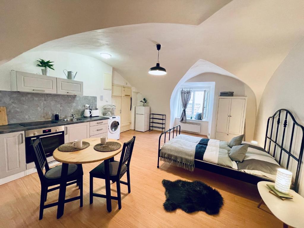 a kitchen and a bedroom with a bed and a table at Studio Nicolas II Prague in Prague