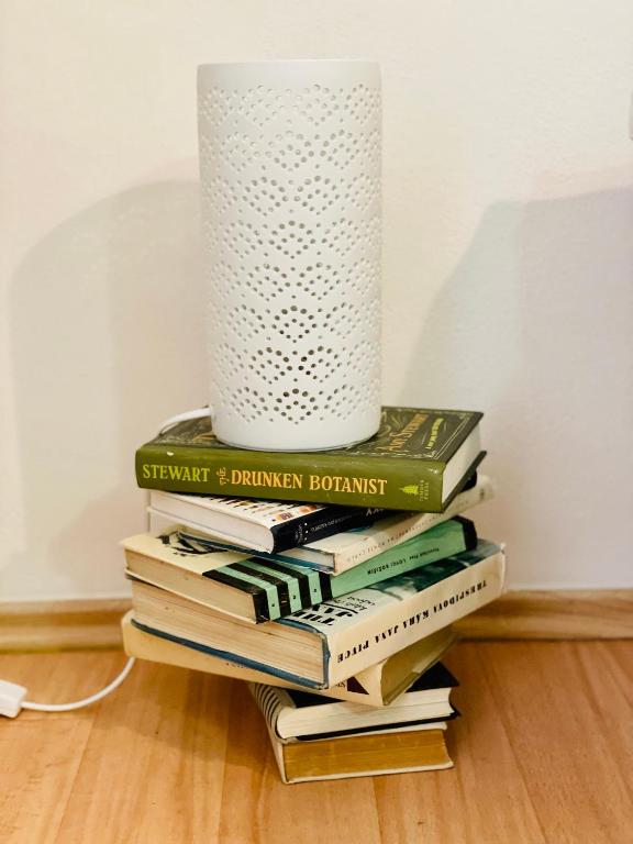 a stack of books with a roll of paper towels on top at Studio Nicolas II Prague in Prague