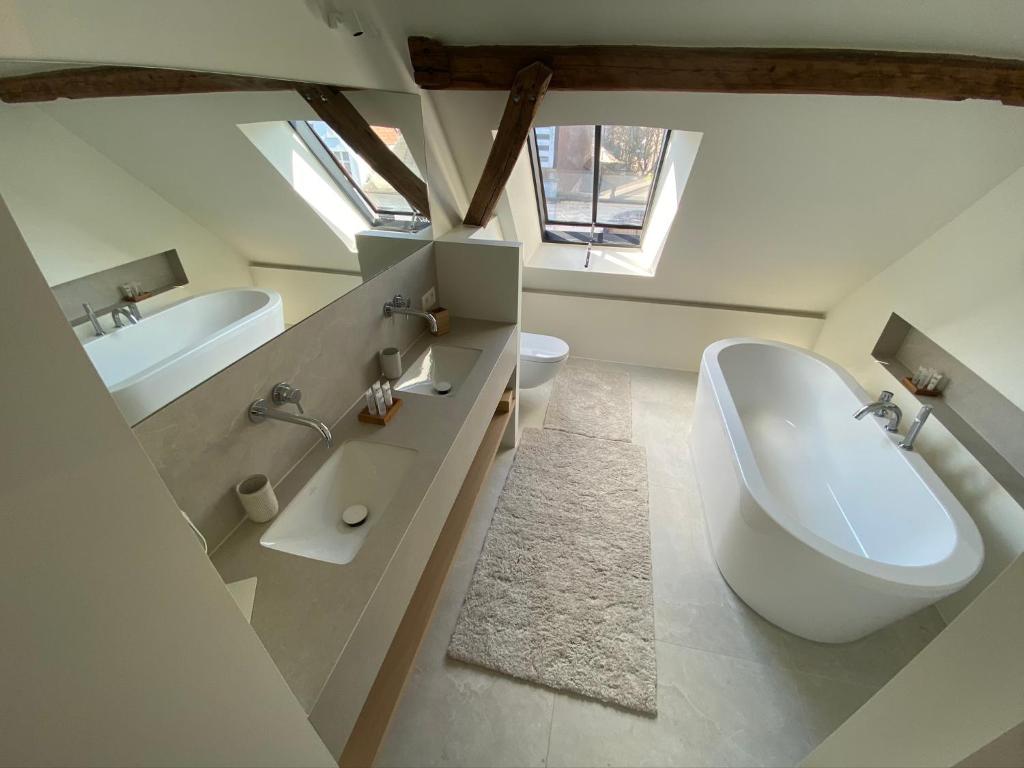 a bathroom with a large white sink and a toilet at B&B Anna9 in Bruges