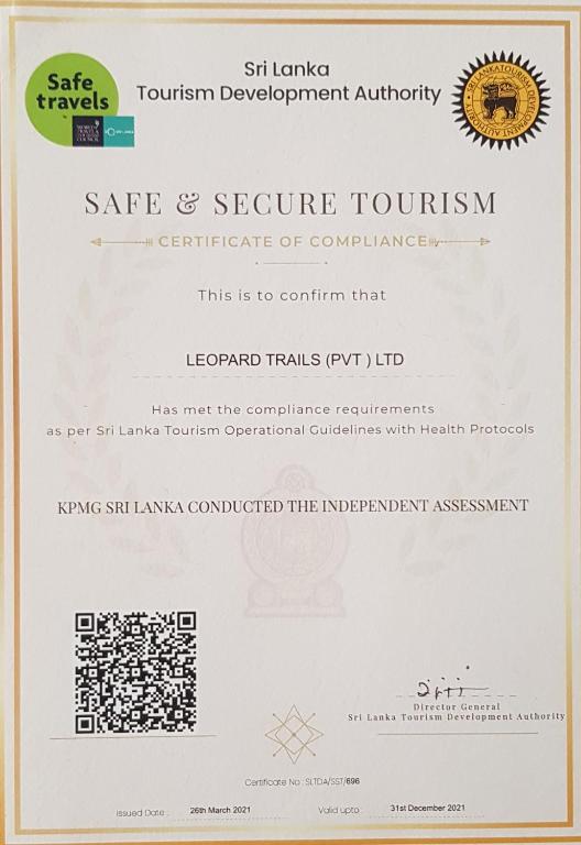 Certifikát, hodnocení, plakát nebo jiný dokument vystavený v ubytování Leopard Trails Yala