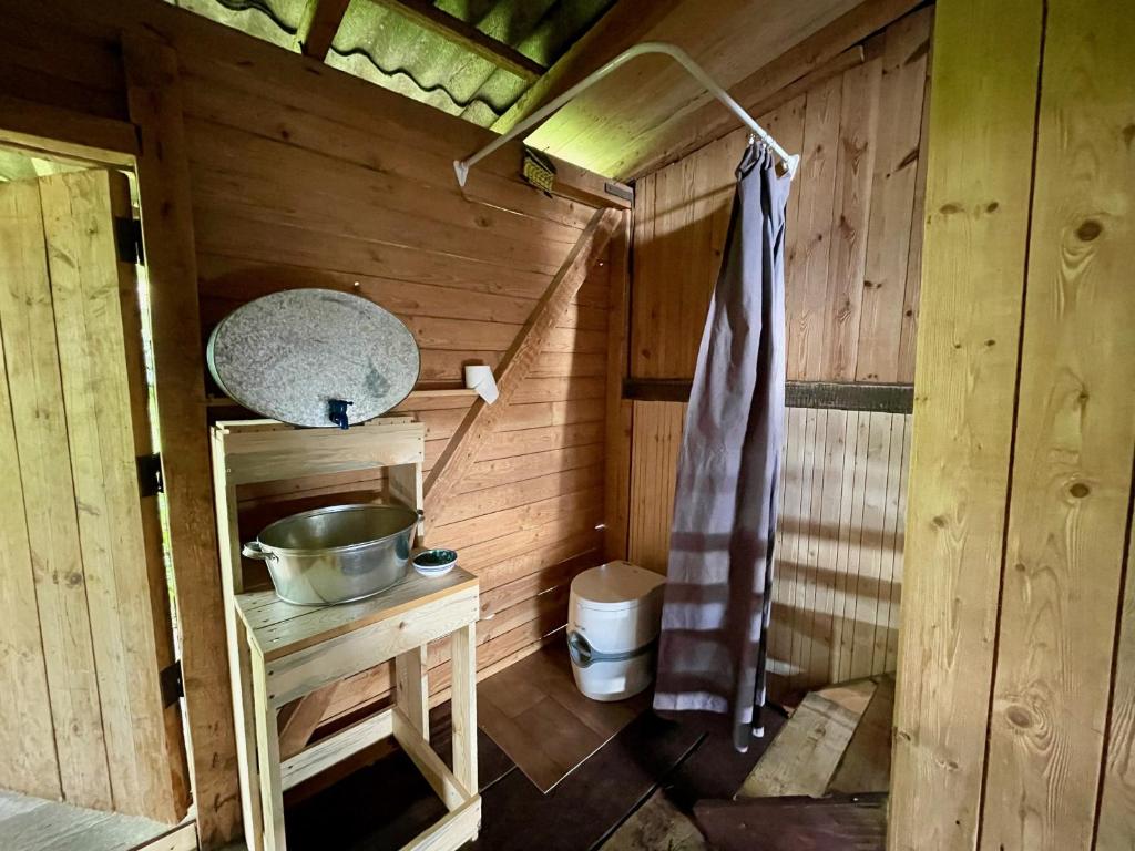 ein kleines Bad mit einem Waschbecken in einer Holzhütte in der Unterkunft Laivu māja uz Alūksnes ezera/ Boat house on a Lake in Alūksne