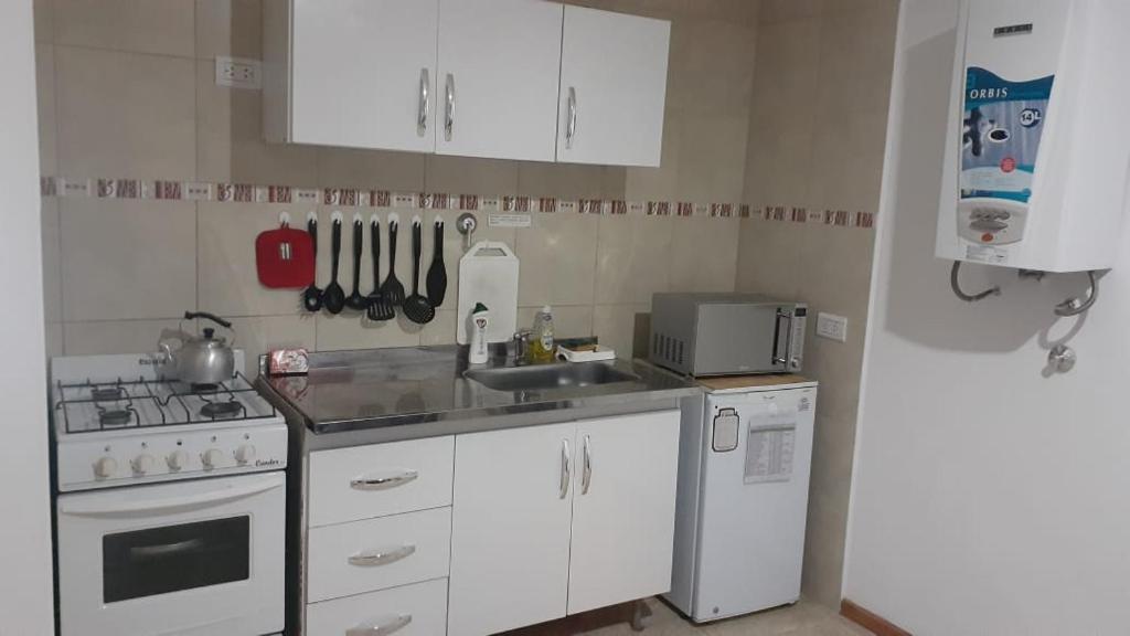 a kitchen with white cabinets and a sink and a stove at Mono ambiente el mirador in Ushuaia