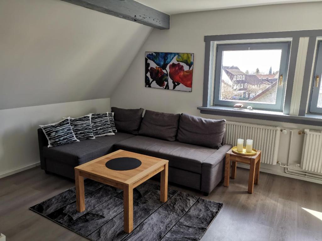 a living room with a couch and a table at Schöne Ferienwohnung für 4-6 Personen erwartet Sie im Oberharz in Sankt Andreasberg