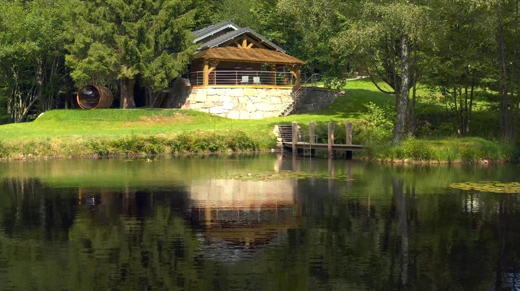 a house on a hill next to a lake at L'ilet aux 2 étangs in Saint-Nabord