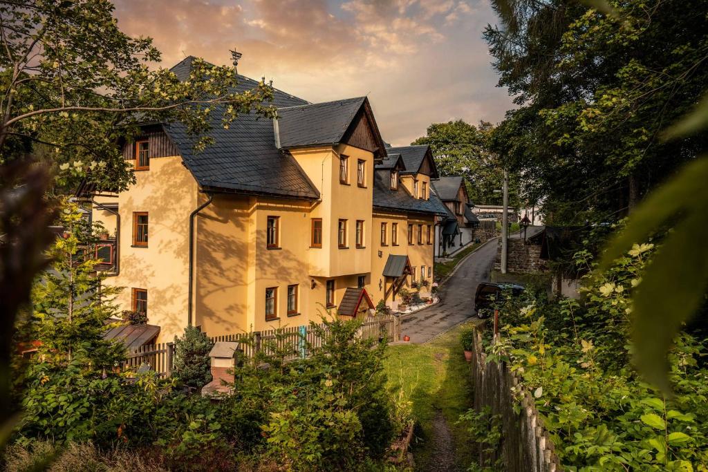 a row of houses on a street with trees at Pension Spielzeughof in Seiffen