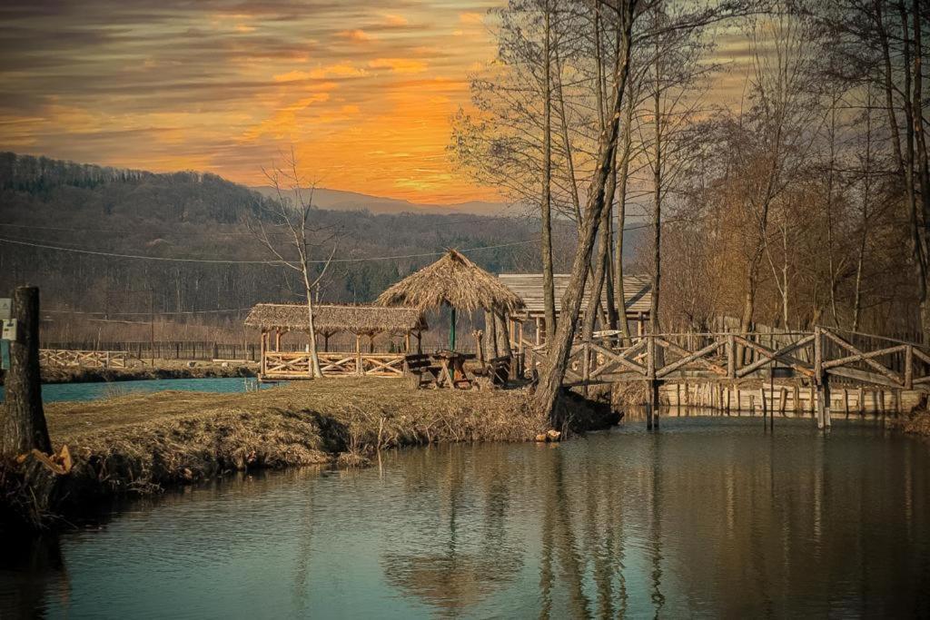 a painting of a house next to a body of water at La Helesteu in Lăzăreşti