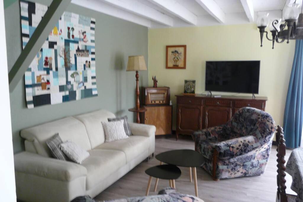 salon z kanapą i krzesłem w obiekcie Gîte des 4 saisons en Brocéliande w mieście Néant-sur-Yvel
