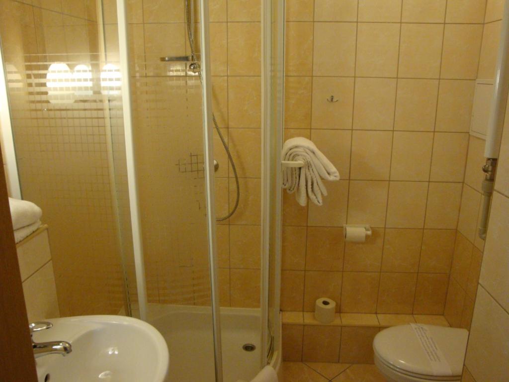 a white toilet sitting next to a shower in a bathroom at Hotel Wieniawa in Wrocław