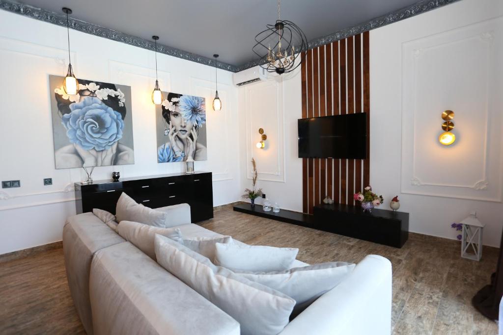 a living room with a couch and a tv at Villa Bonapart in Zatoka
