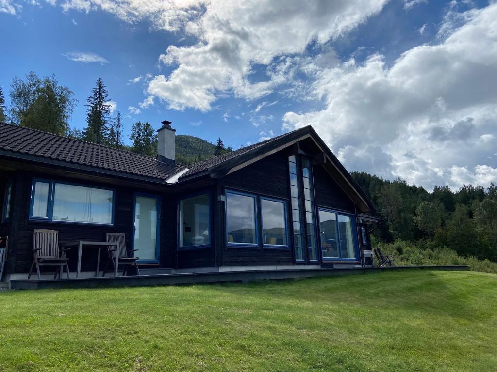 ein schwarzes Haus mit Rasen davor in der Unterkunft Dyrhaug - hytte med utsikt over Krøderen in Noresund