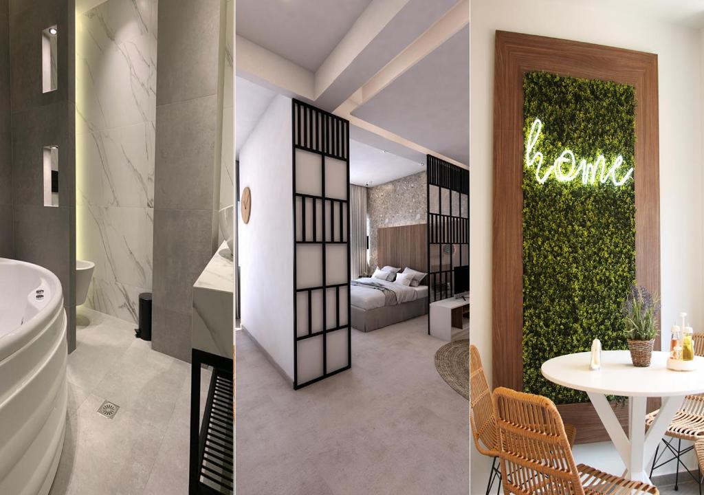 duas imagens de uma casa de banho e um quarto em K58 Luxury Apartment Monastiraki Metro Station Acropolis Jacuzzi em Atenas
