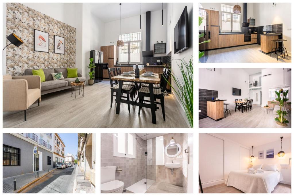 a collage of photos of a living room and dining room at Maravilloso loft dúplex casco histórico in Seville