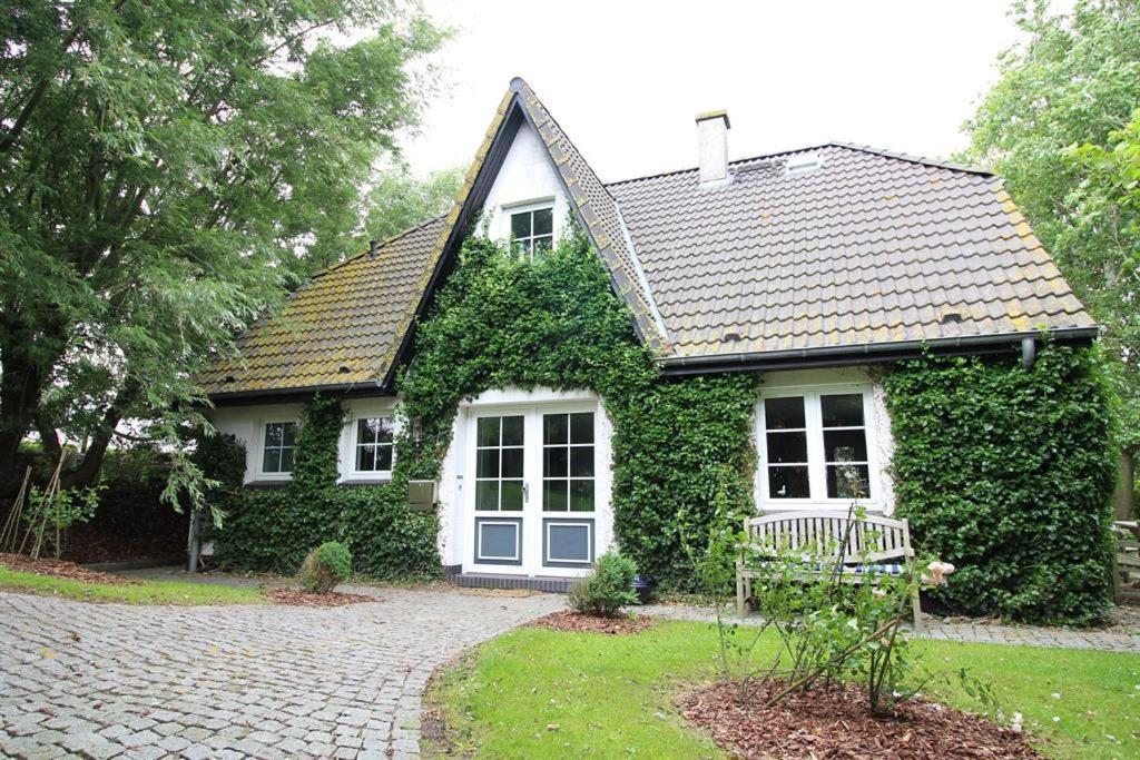 Friesenhaus Coast في Vollerwiek: منزل أبيض صغير مع اللبي ينمو عليه