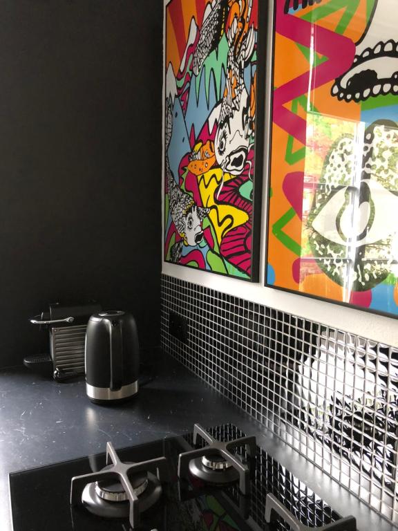 eine Küche mit einem Waschbecken und einem Gemälde an der Wand in der Unterkunft POBUUDKA V Plebańska z widokiem na Rynek in Gliwice