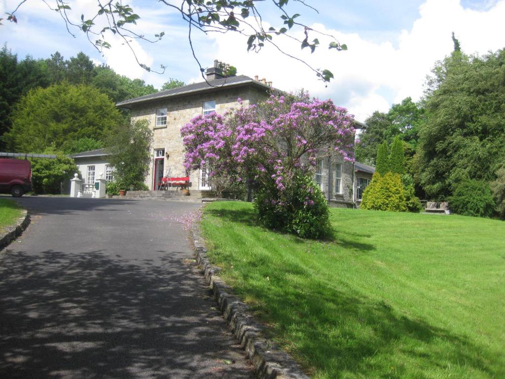 een huis met een bos met paarse bloemen ervoor bij Glebe House in Mohill