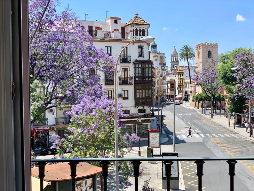 una vista da una finestra di una strada cittadina con fiori viola di Hotel Doña Blanca a Siviglia