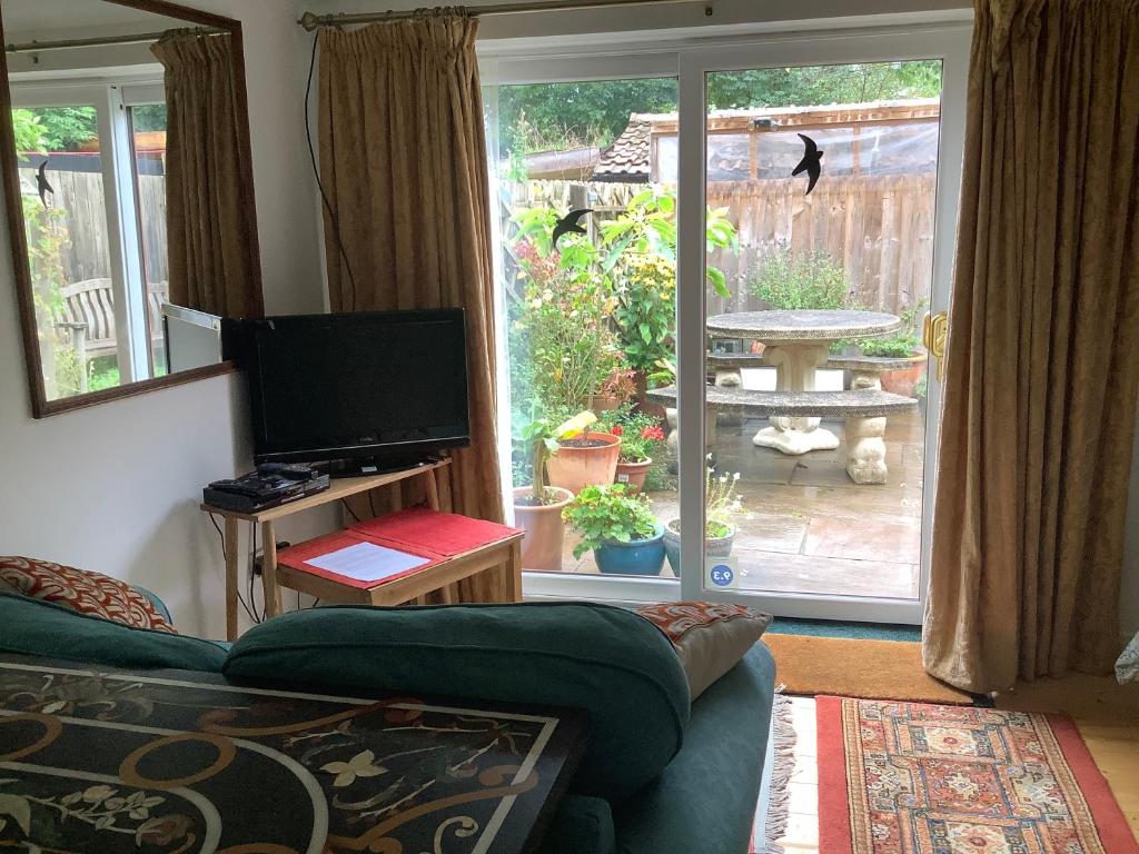 a living room with a couch and a television at Primrose Villa self catering bnb in Monmouth