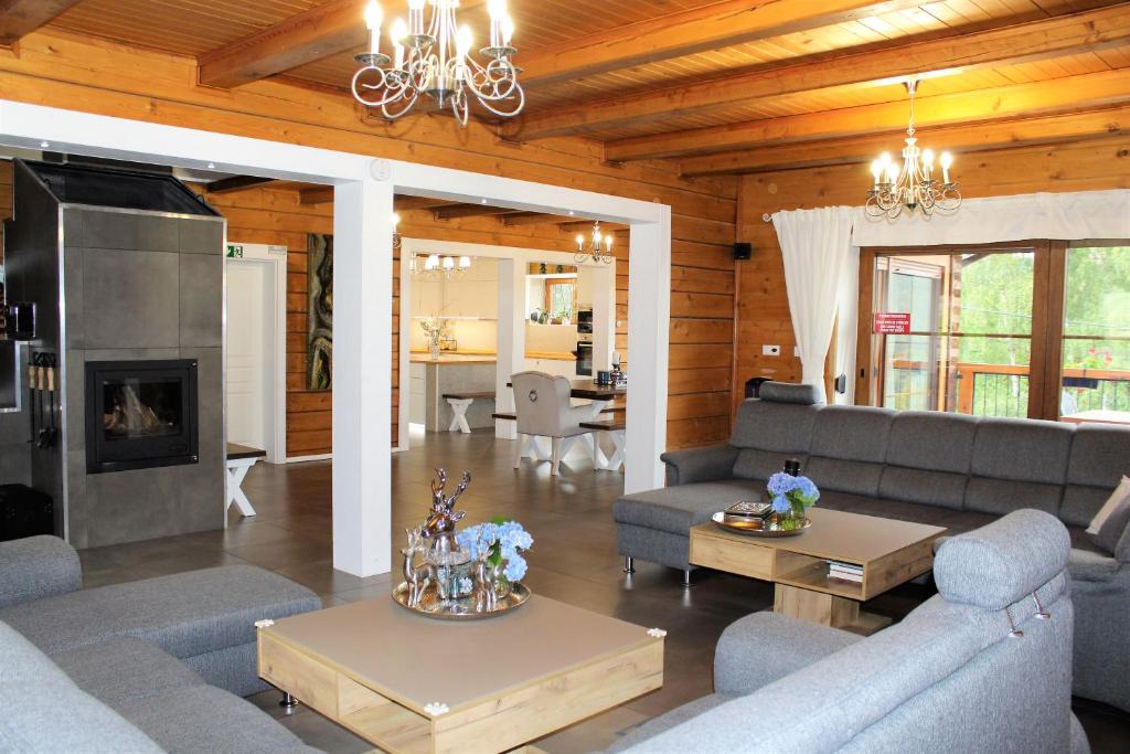 ein Wohnzimmer mit Sofas und einem Kamin in der Unterkunft Wellness Chata Brejlovka in Janov nad Nisou