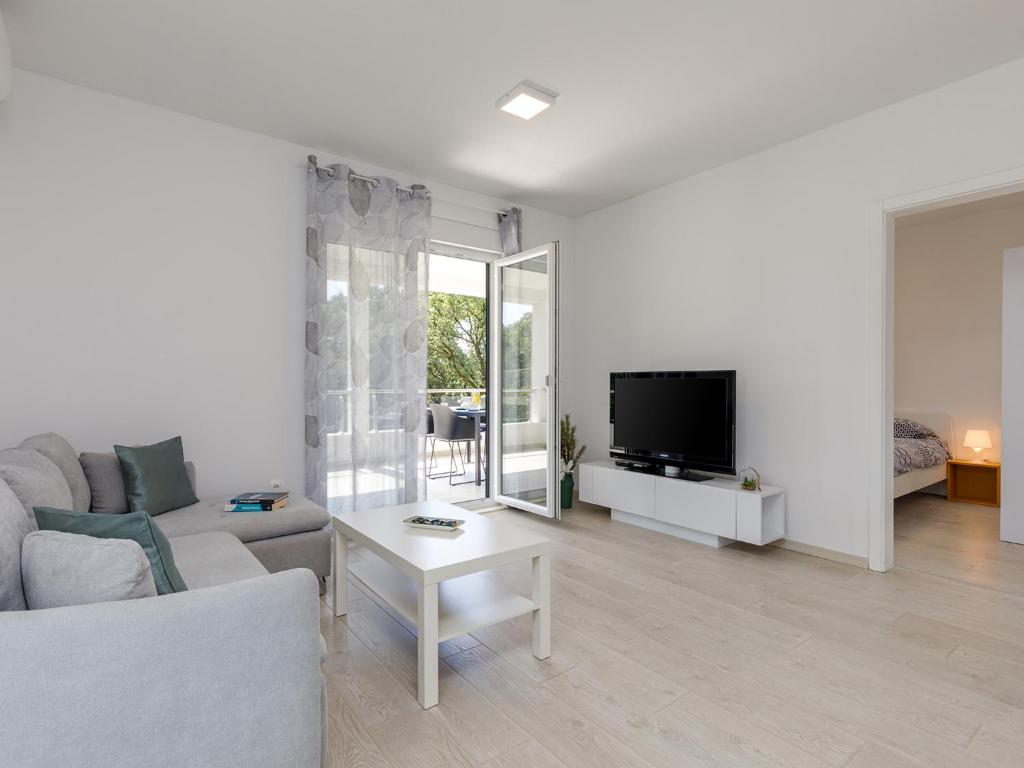 a living room with a couch and a tv at Apartment Aria in Poreč
