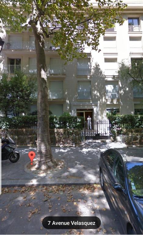 une voiture garée à côté d'un arbre devant un bâtiment dans l'établissement le studio velasquez, à Paris