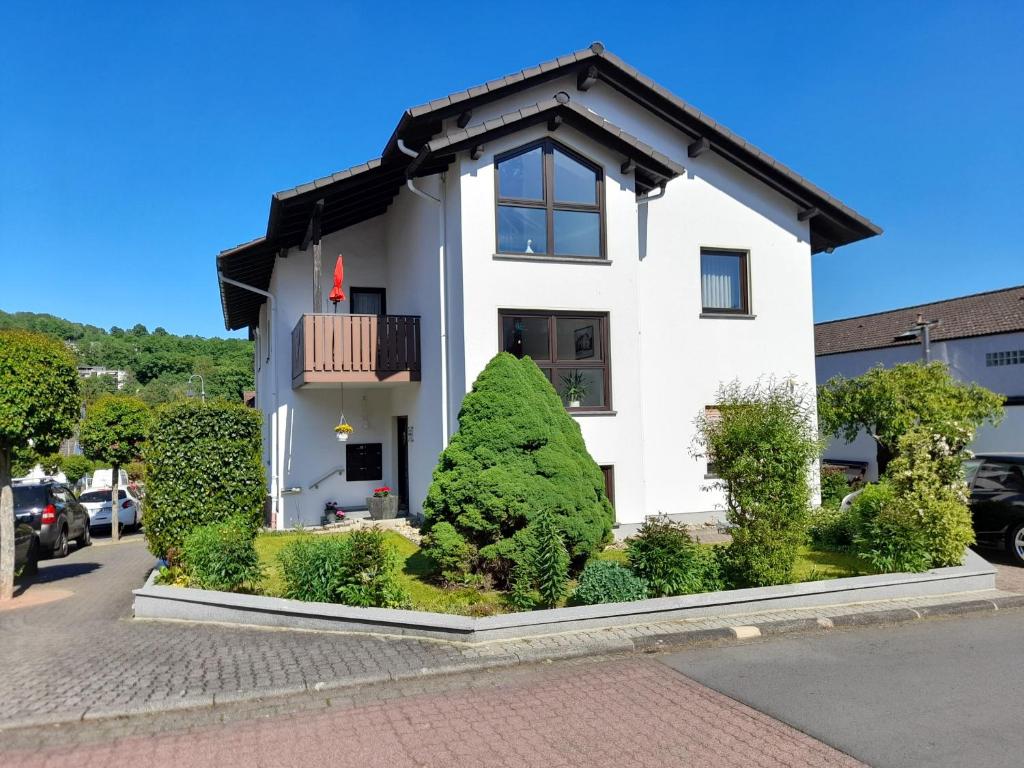 a white house with trees and bushes in front of it at Appartement Karolina in Bad Soden-Salmünster