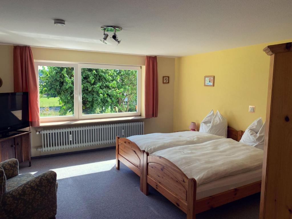 1 dormitorio con cama y ventana grande en FeWo25-Zimmer-am-Bodensee, en Markdorf