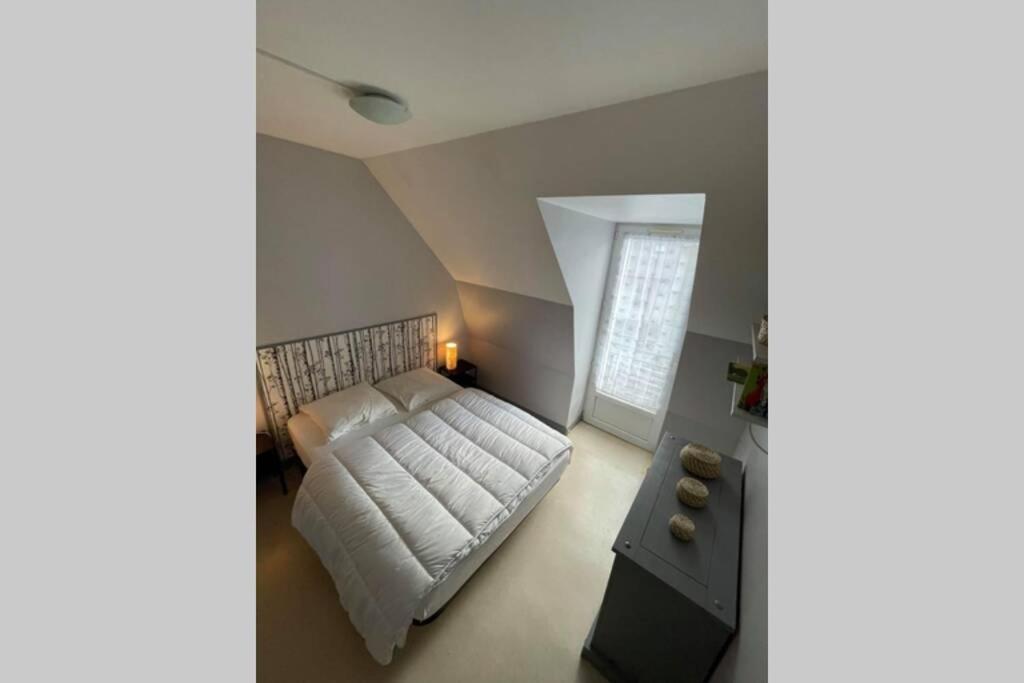 um quarto com uma cama branca e uma janela em Les oiseaux T2 em Le Mont-Dore