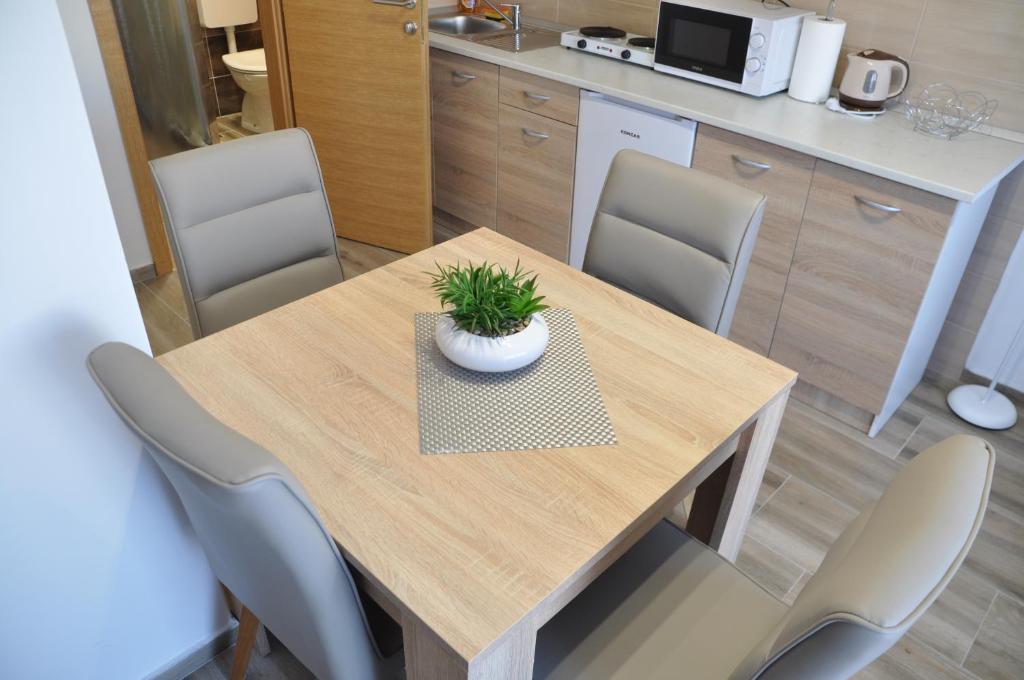a dining room table with a potted plant on it at Apartmani Ana Vukovar in Vukovar