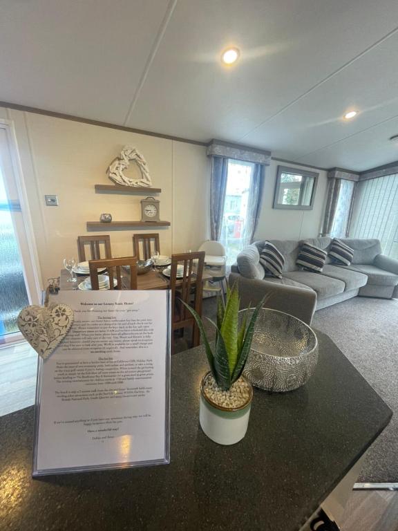 ein Wohnzimmer mit einem Tisch und einer Pflanze darauf in der Unterkunft Luxury Static Home 2 Bed Sleeps 6 in Great Yarmouth