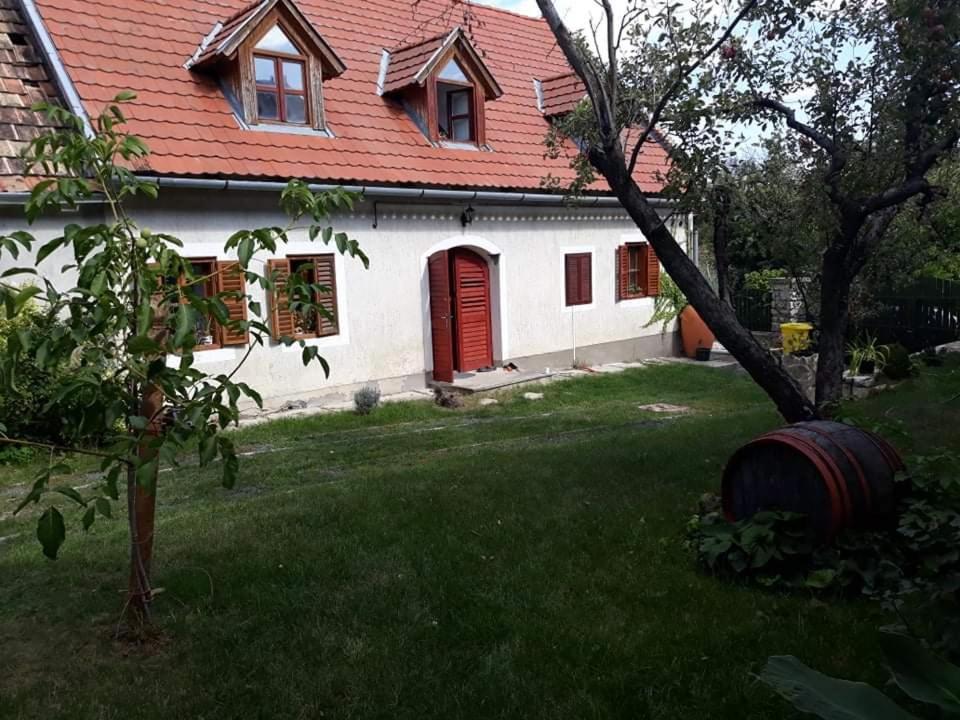 Biały dom z czerwonym dachem i dziedzińcem w obiekcie Andante Vendégház w mieście Vászoly