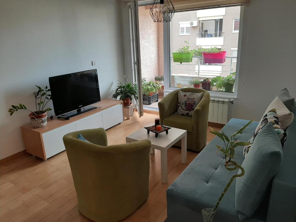 - un salon avec un canapé, des chaises et une télévision dans l'établissement Ivan2020 apartment, à Skopje