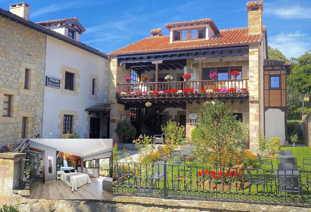 2 fotos de una casa con balcón en Posada Araceli en Santillana del Mar