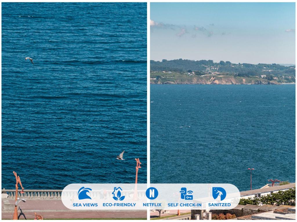 zwei Bilder des Ozeans mit einem Schild davor in der Unterkunft San Amaro Beach 1 by TheBlueWaveApartments com in A Coruña