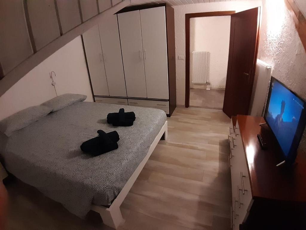 une chambre avec un lit et une télévision à écran plat dans l'établissement Ampia Mansarda a Dimaro in Val di Sole, à Monclassico