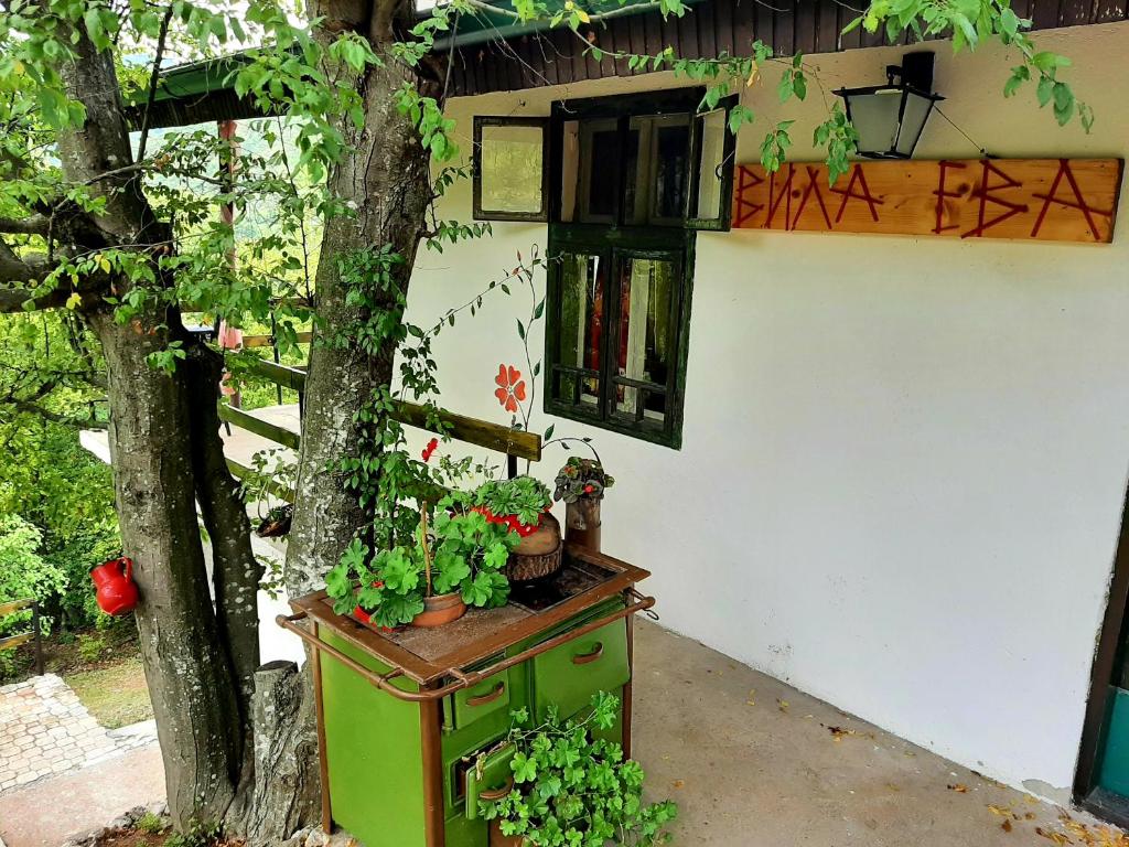a green cabinet with plants on it next to a tree at Vila Eva in Međuvršje